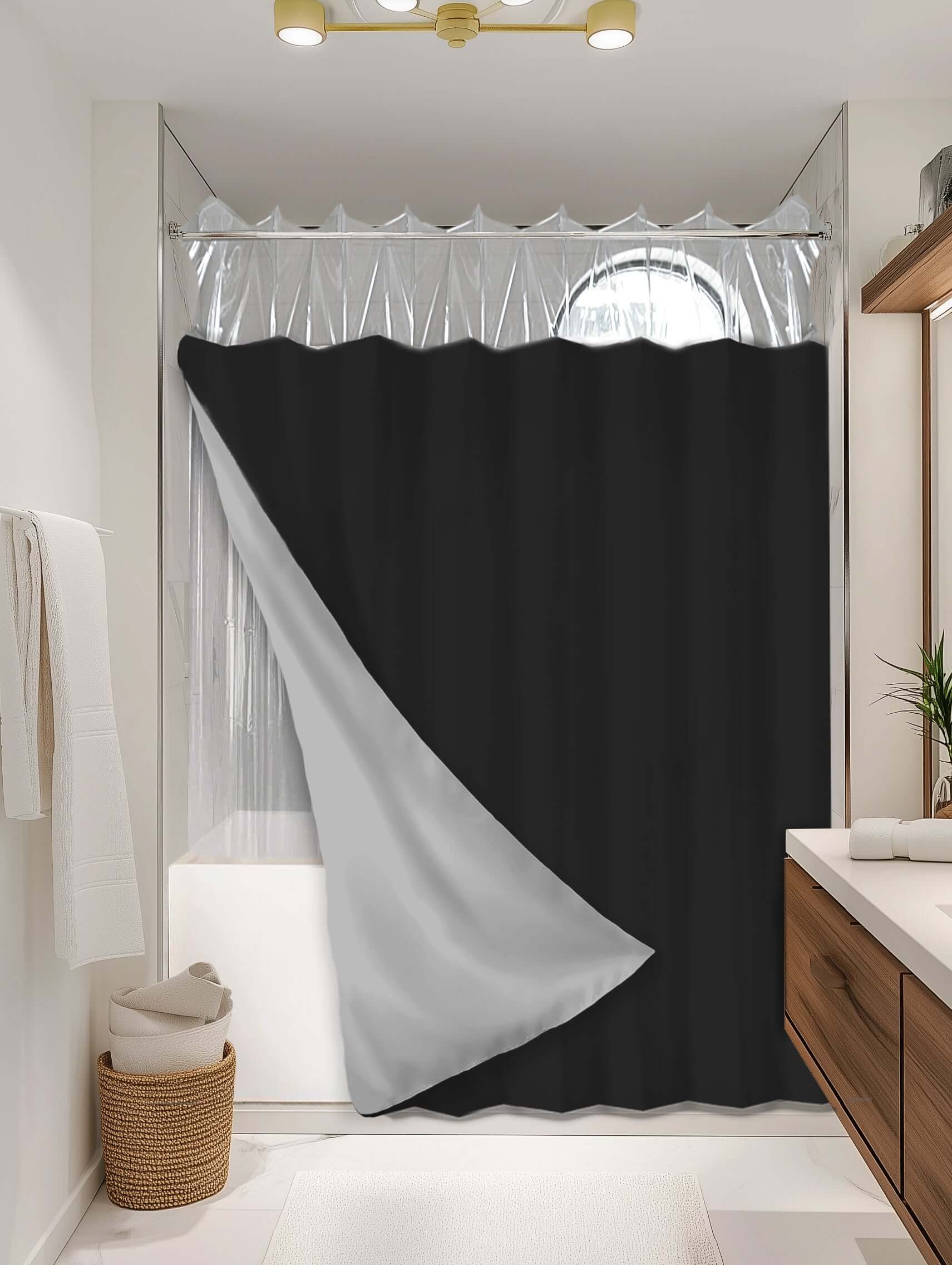 Solid Black outer shower curtain, semi coverage, on EXPANDY® clear expander — Outer SPACE® Curtain
