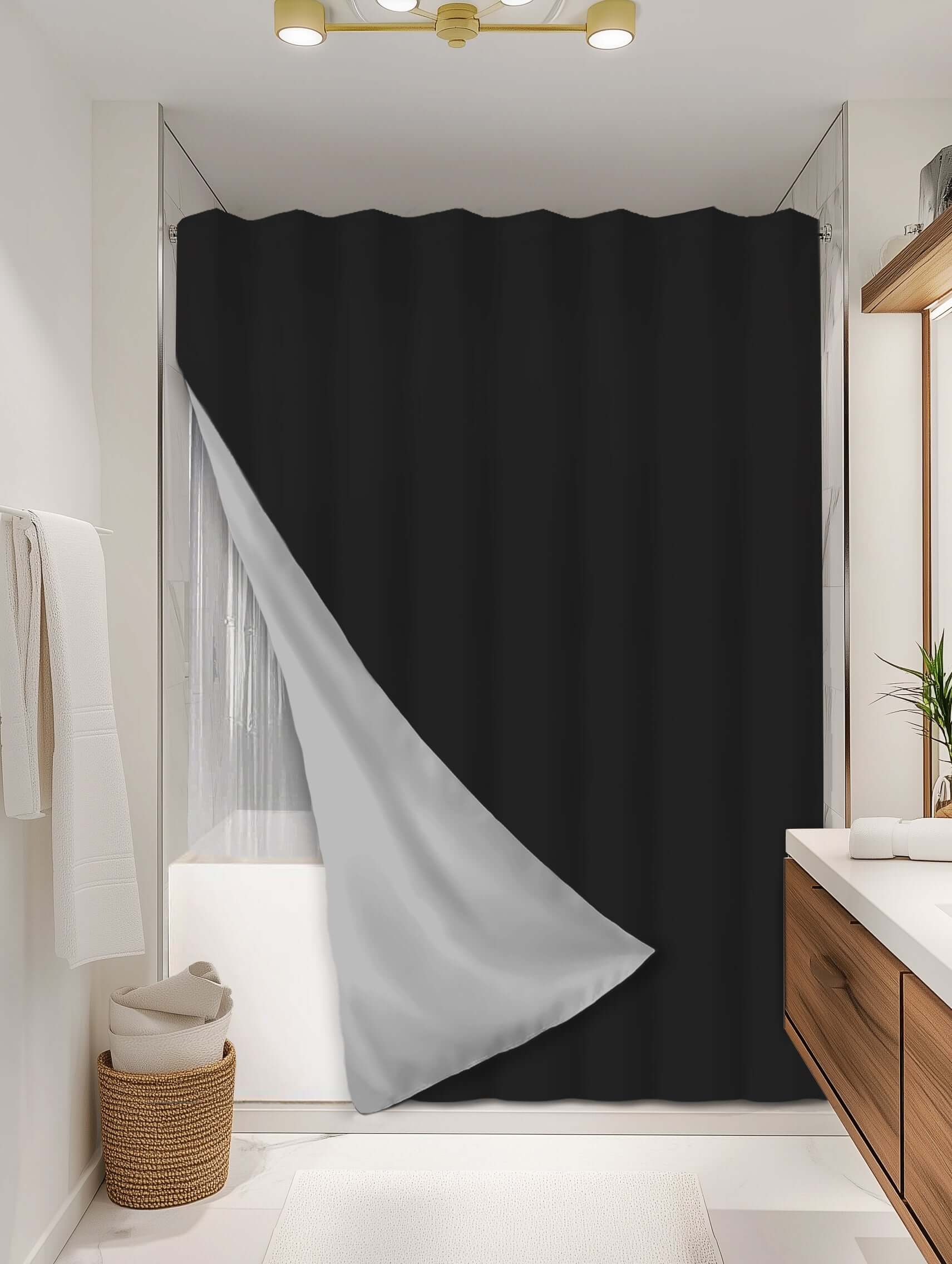 Solid Black outer shower curtain, full coverage, on EXPANDY® clear expander — Outer SPACE® Curtain
