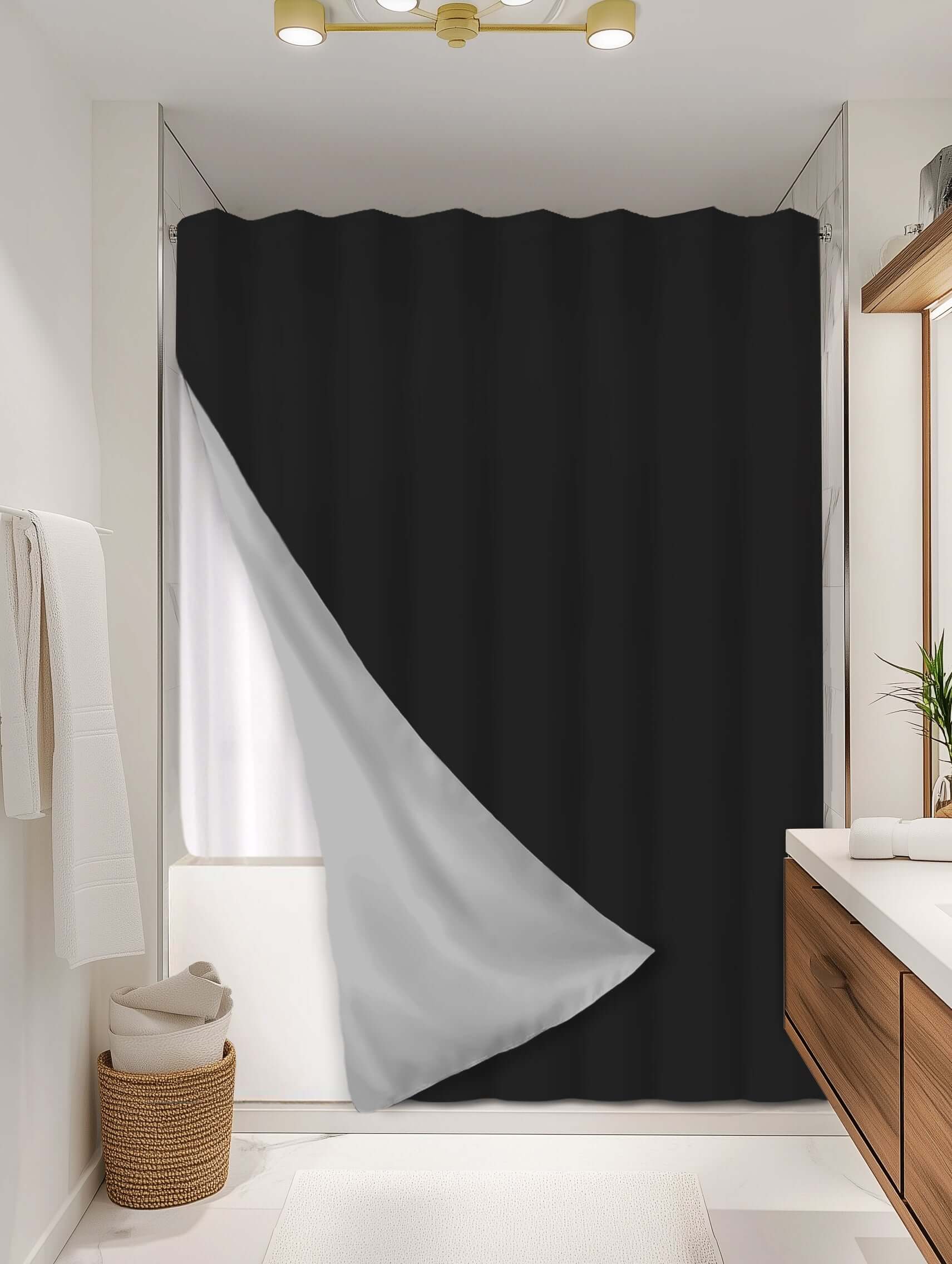 Solid Black outer shower curtain, full coverage, on EXPANDY® white expander — Outer SPACE® Curtain