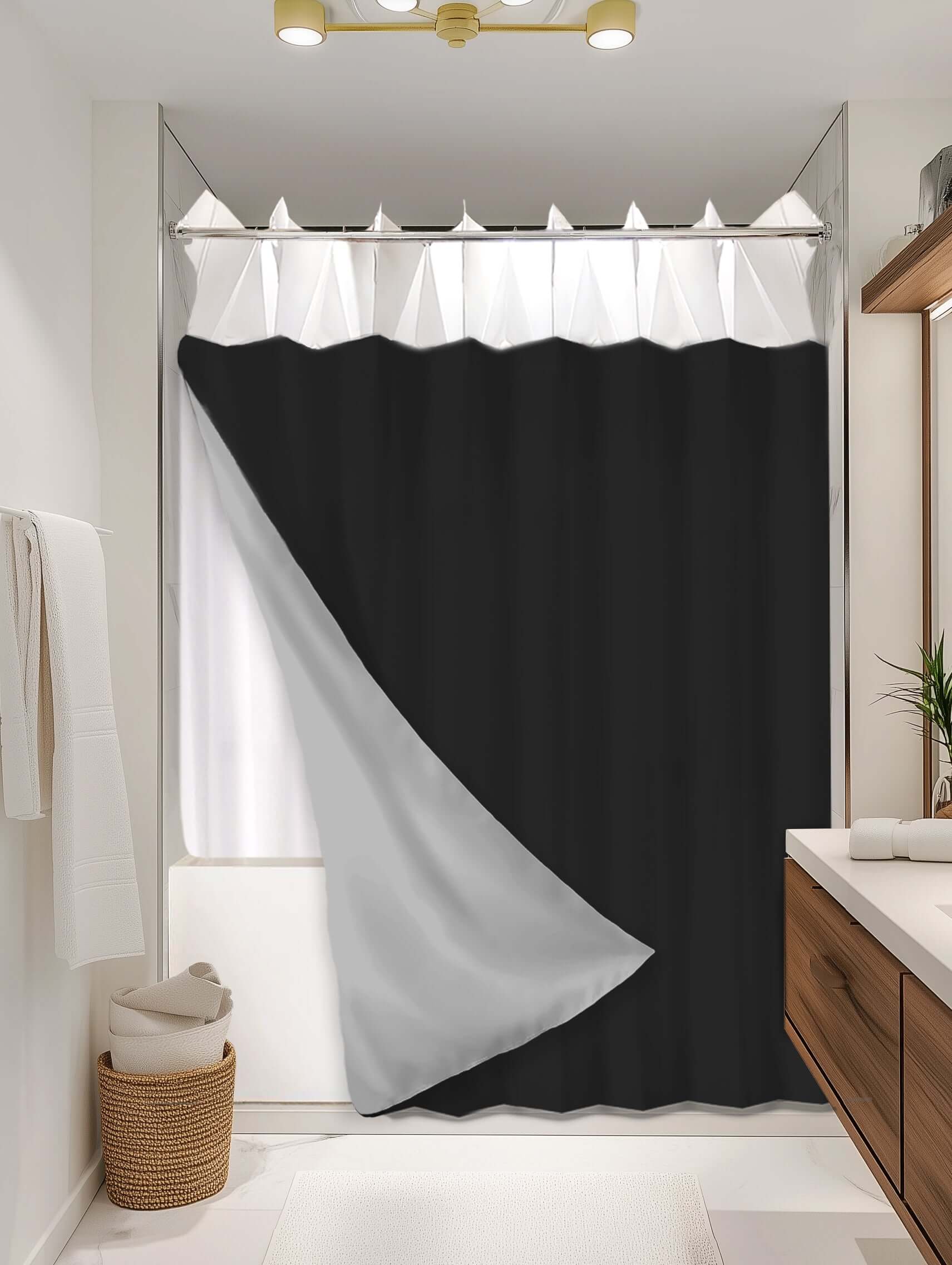 Solid Black outer shower curtain, semi coverage, on EXPANDY® white expander — Outer SPACE® Curtain
