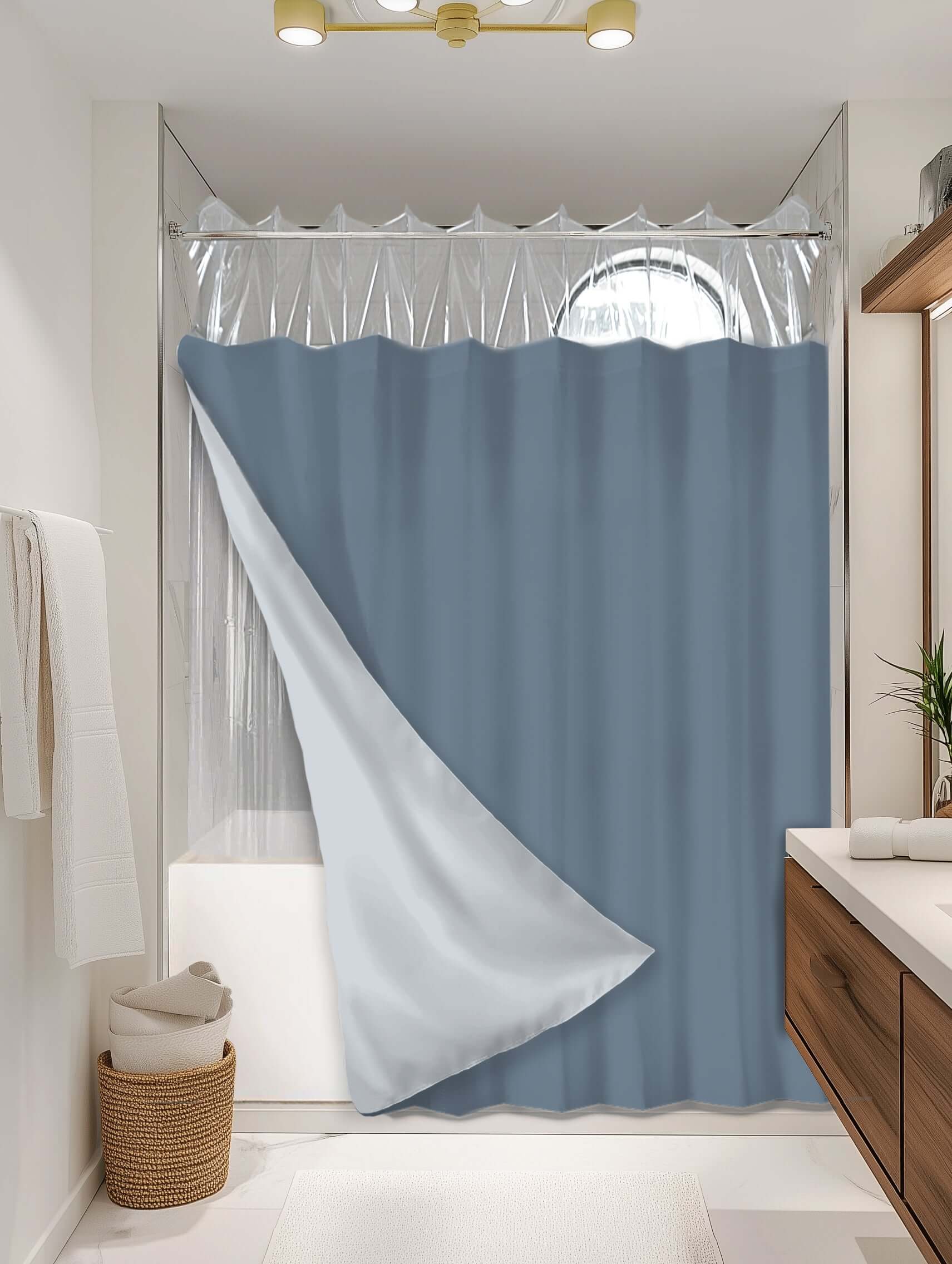 Slate Blue outer shower curtain, semi coverage, on EXPANDY® clear expander — Outer SPACE® Curtain