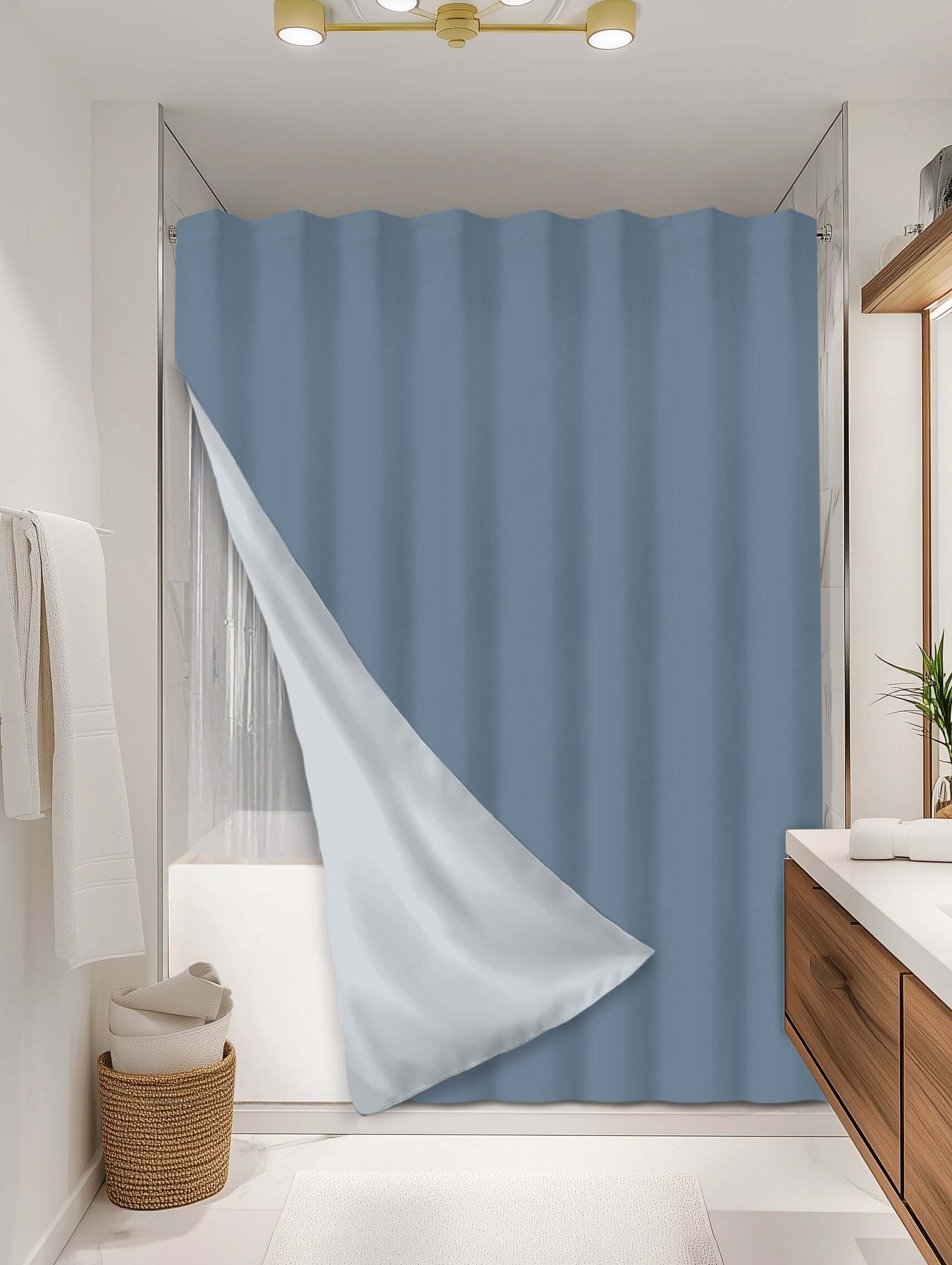 Slate Blue outer shower curtain, full coverage, on EXPANDY® clear expander — Outer SPACE® Curtain