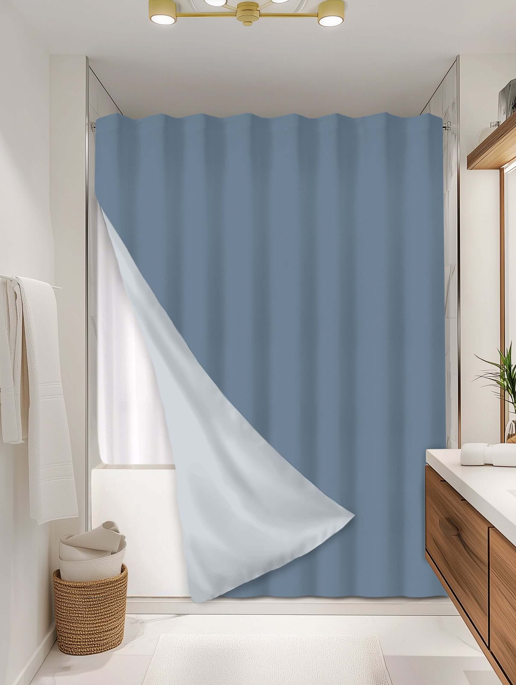 Slate Blue outer shower curtain, full coverage, on EXPANDY® white expander — Outer SPACE® Curtain
