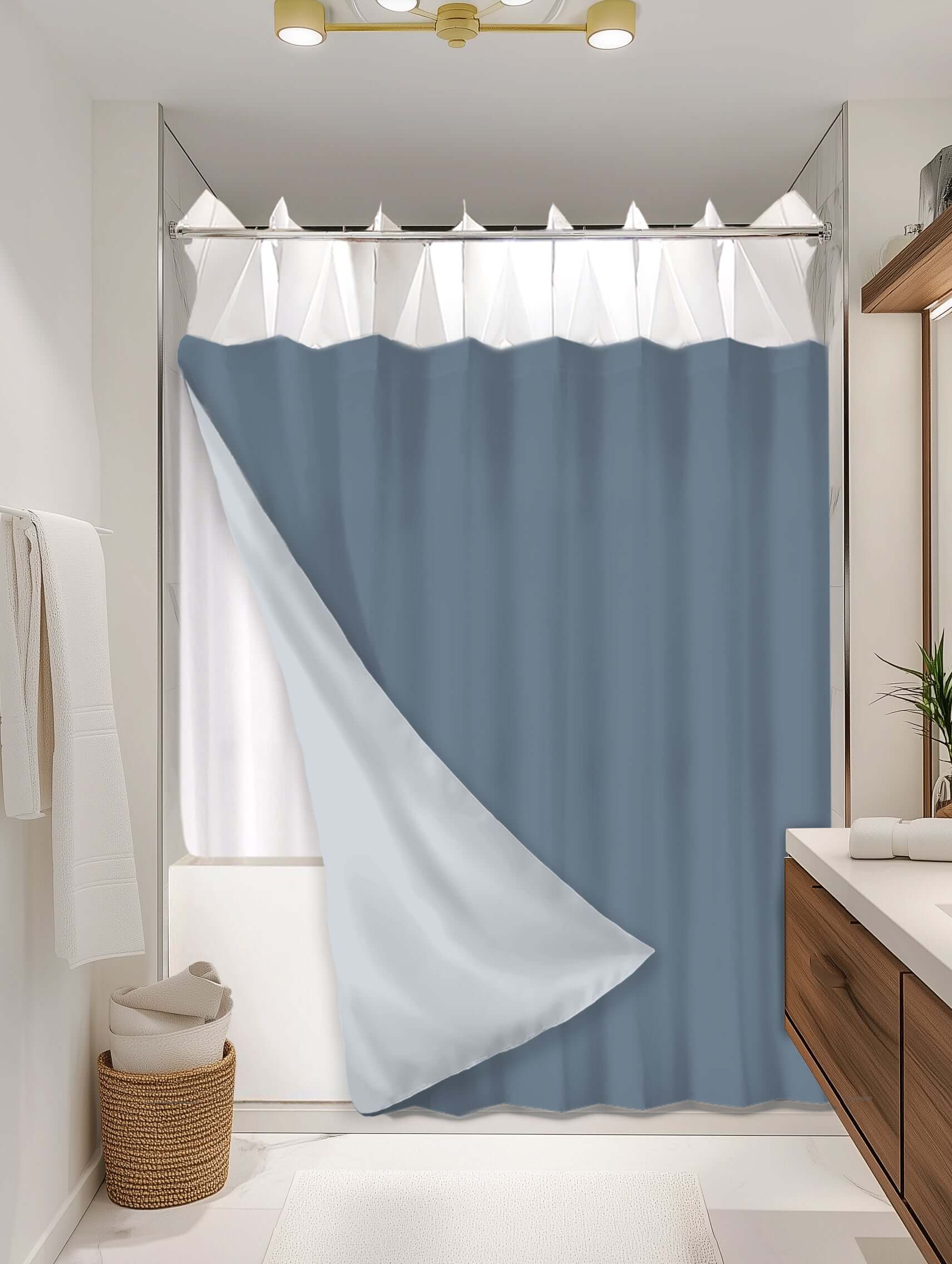 Slate Blue outer shower curtain, semi coverage, on EXPANDY® white expander — Outer SPACE® Curtain