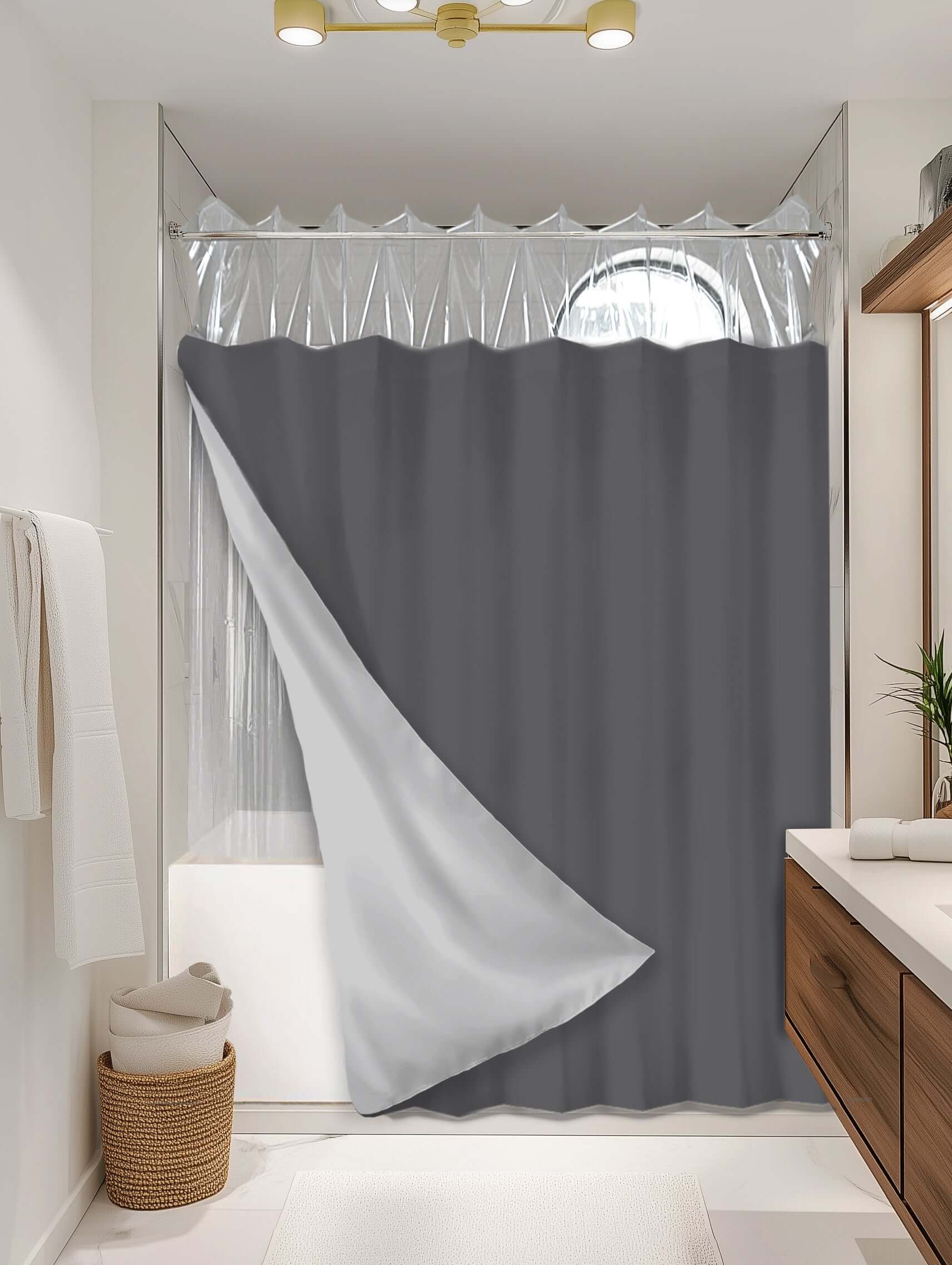 Solid Charcoal outer shower curtain, semi coverage, on EXPANDY® clear expander — Outer SPACE® Curtain