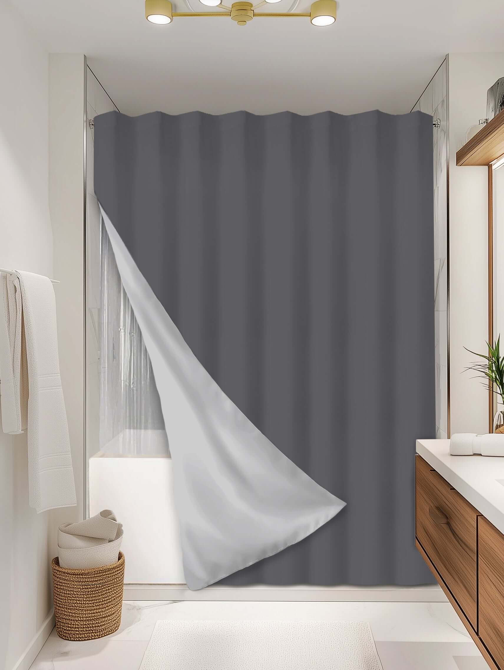 Solid Charcoal outer shower curtain, full coverage, on EXPANDY® clear expander — Outer SPACE® Curtain