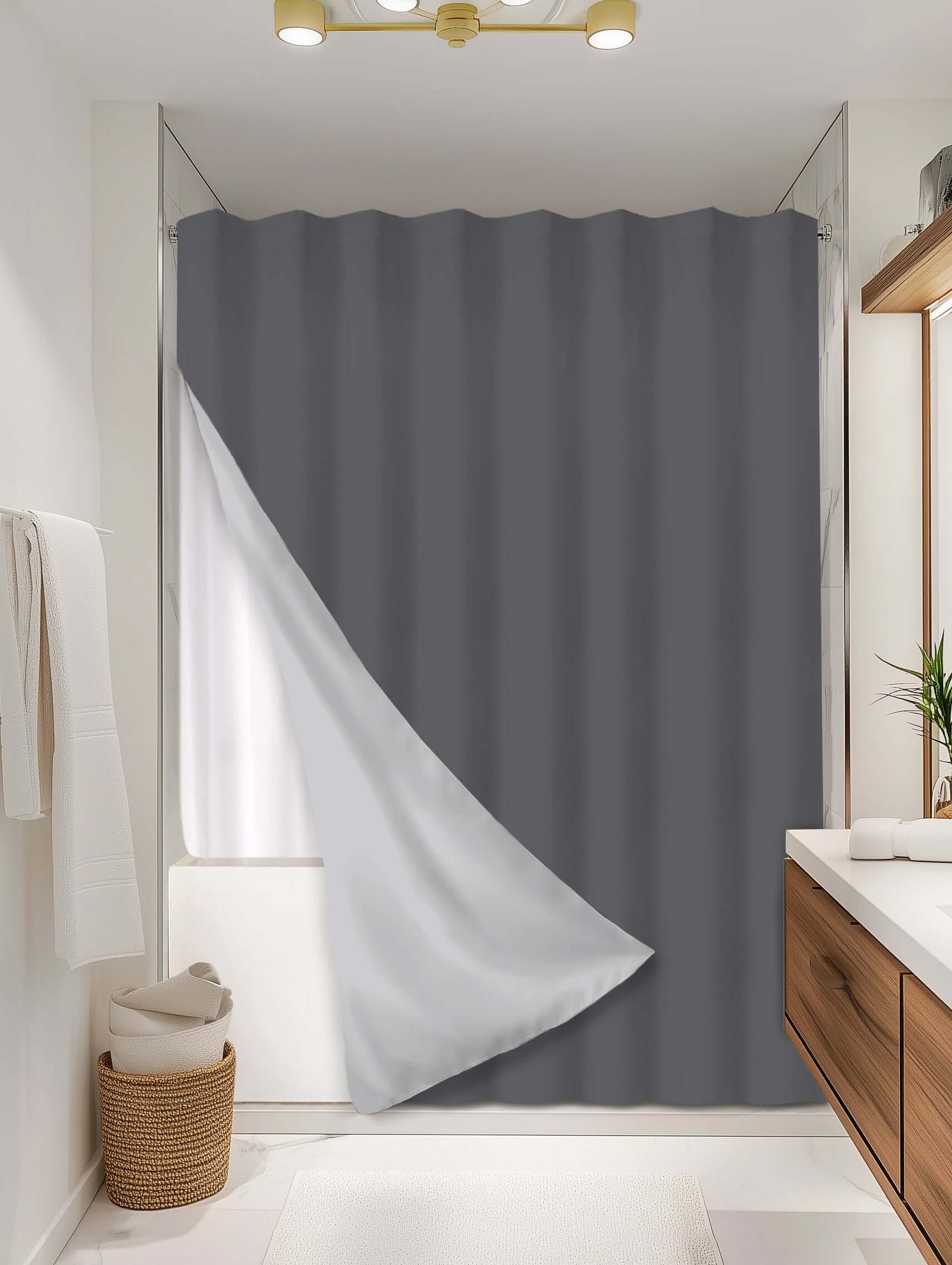 Solid Charcoal outer shower curtain, full coverage, on EXPANDY® white expander — Outer SPACE® Curtain