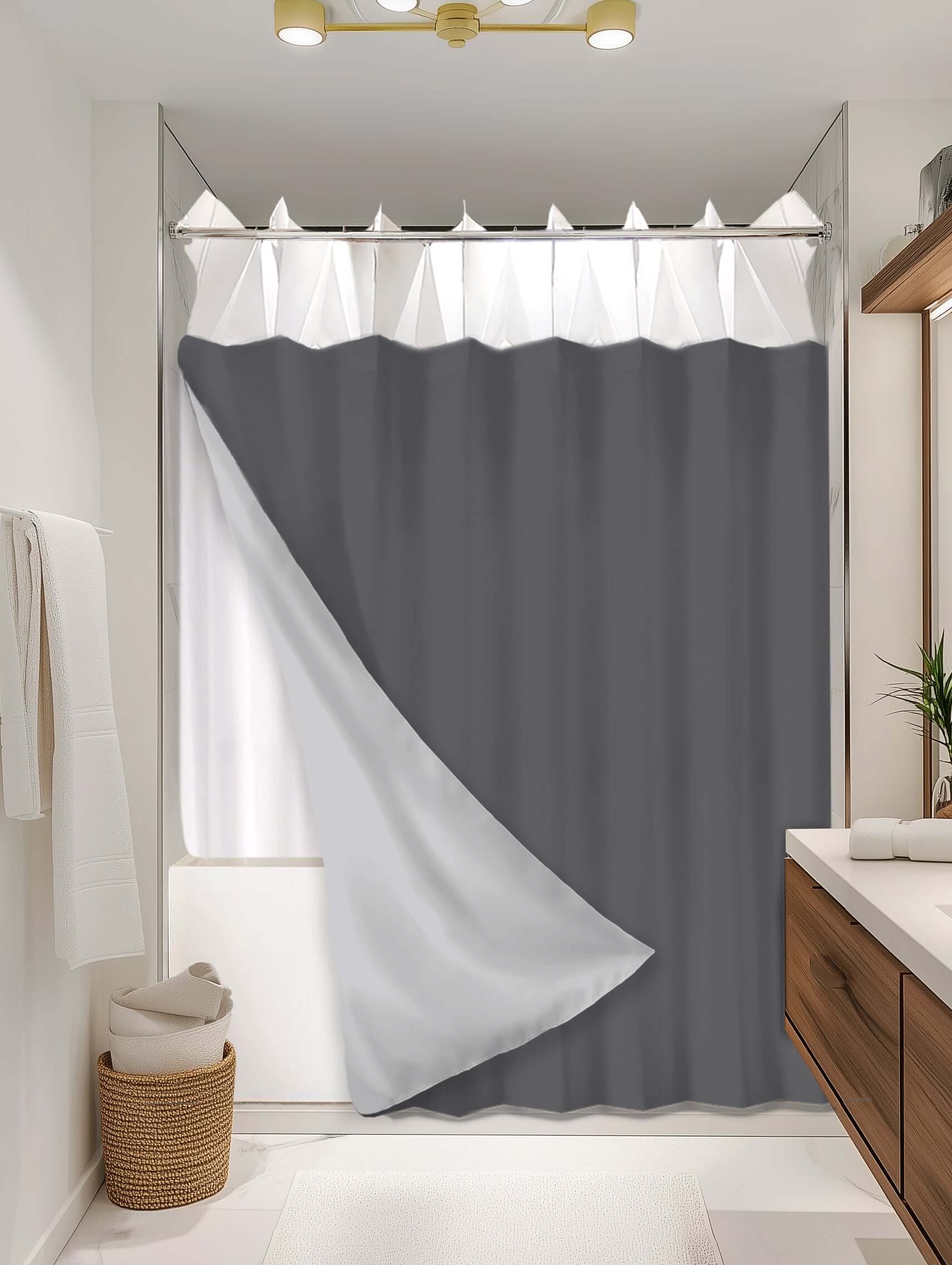Solid Charcoal outer shower curtain, semi coverage, on EXPANDY® white expander — Outer SPACE® Curtain
