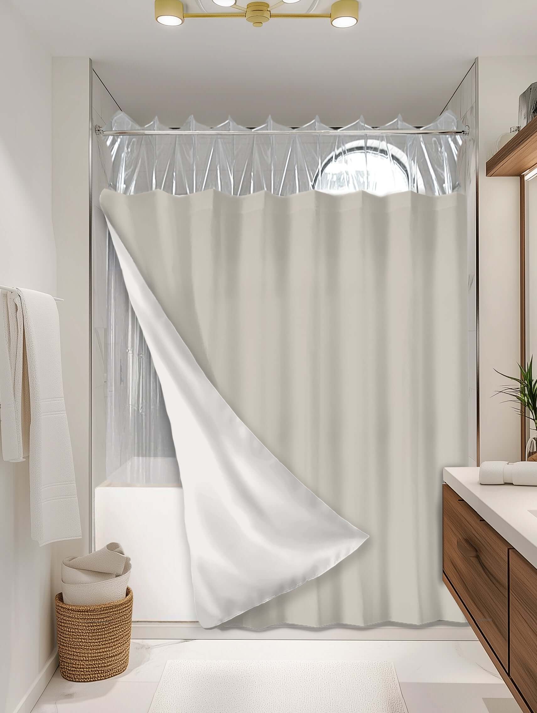 Solid Cream outer shower curtain, semi coverage, on EXPANDY® clear expander — Outer SPACE® Curtain