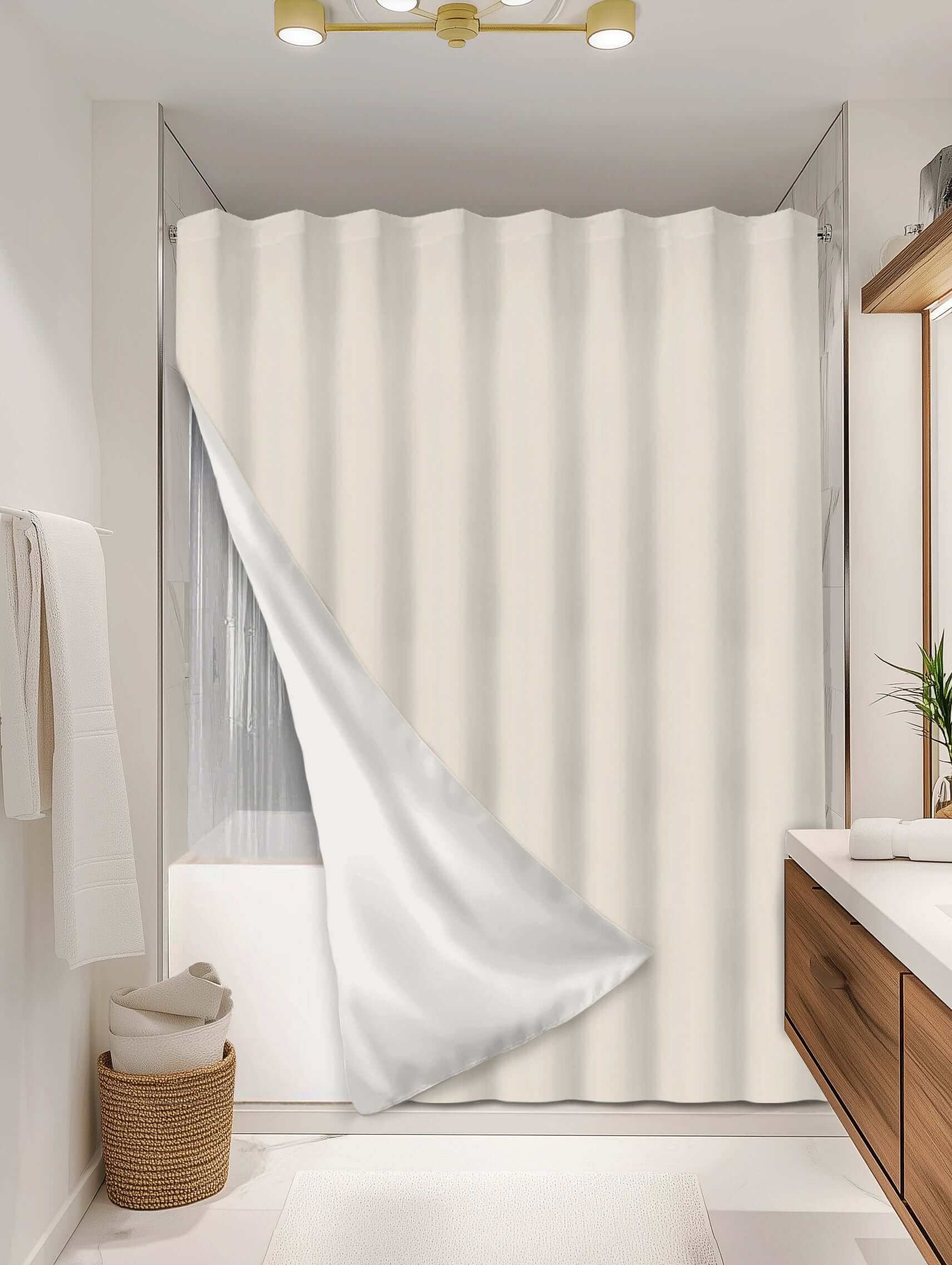 Solid Cream outer shower curtain, full coverage, on EXPANDY® clear expander — Outer SPACE® Curtain