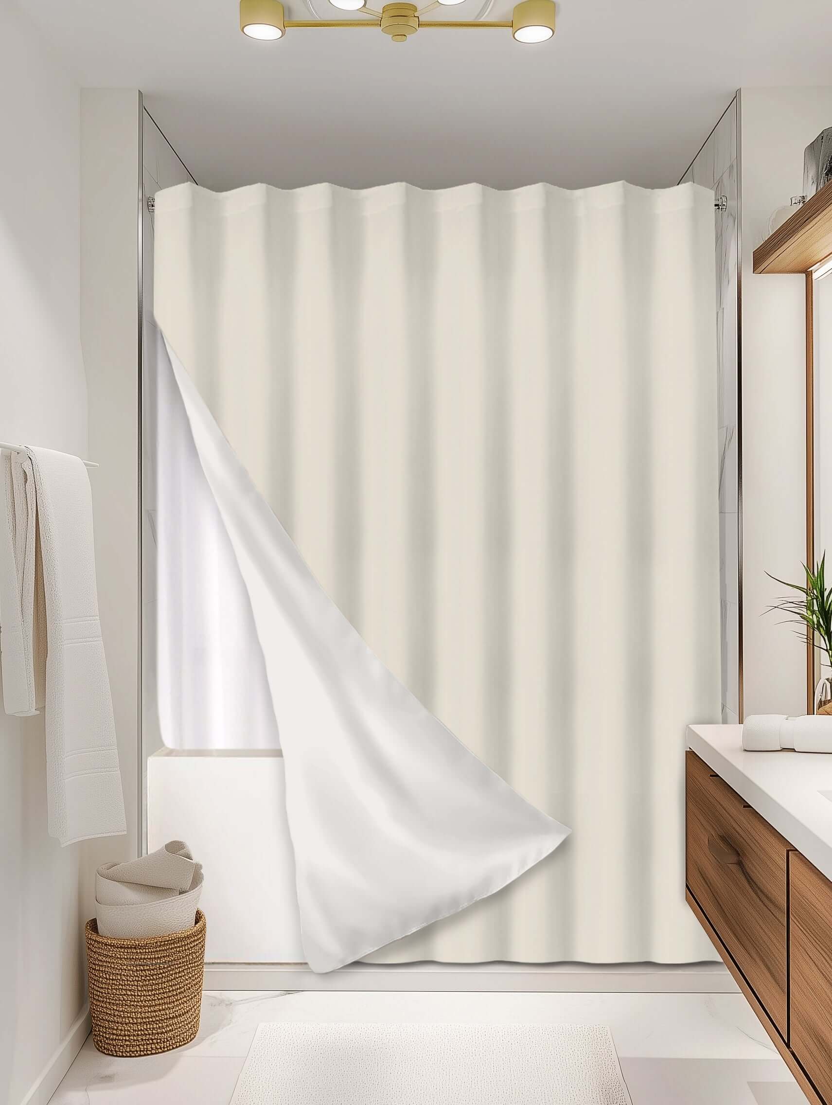 Solid Cream outer shower curtain, full coverage, on EXPANDY® white expander — Outer SPACE® Curtain