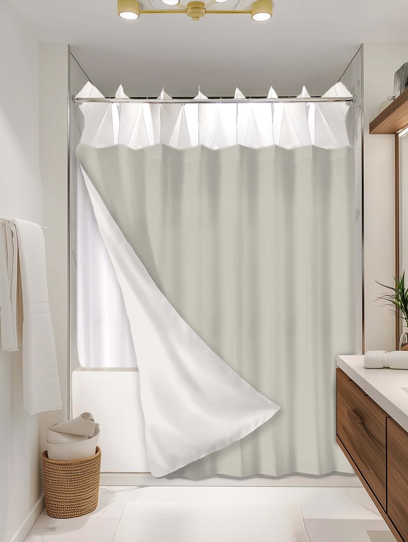 Solid Cream outer shower curtain, semi coverage, on EXPANDY® white expander — Outer SPACE® Curtain