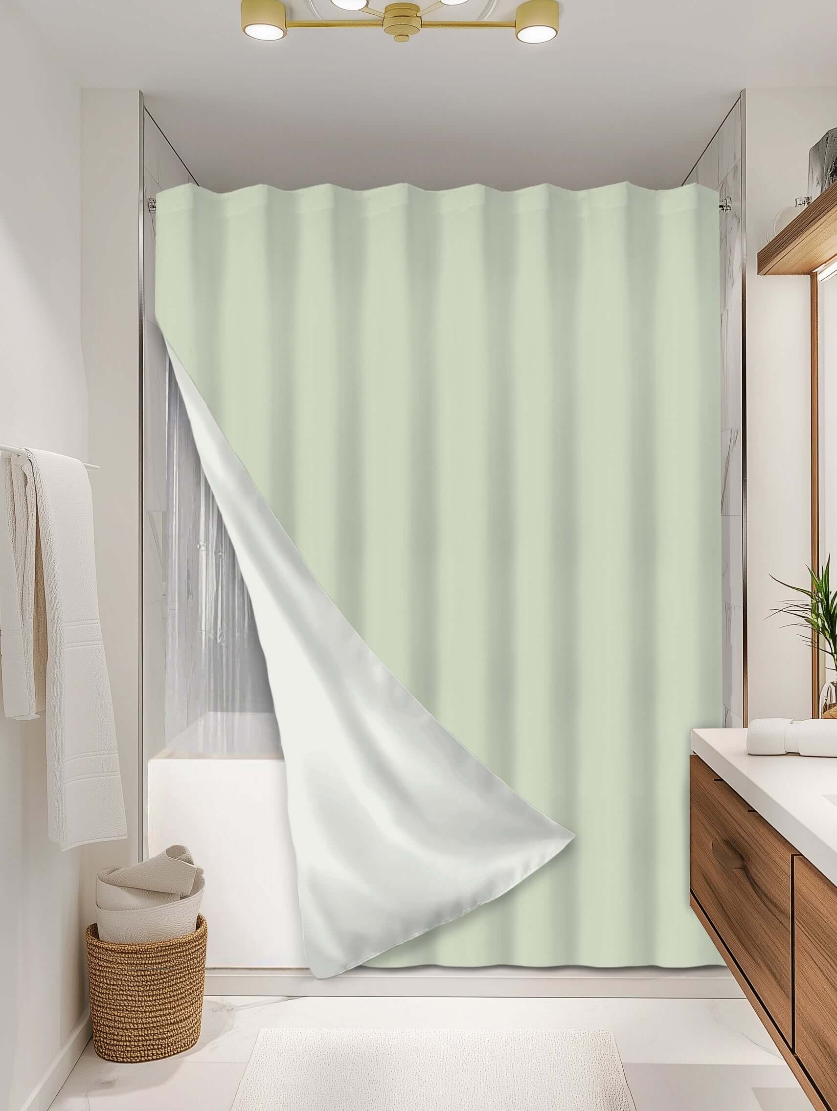 Solid Sage outer shower curtain, full coverage, on EXPANDY® clear expander — Outer SPACE® Curtain