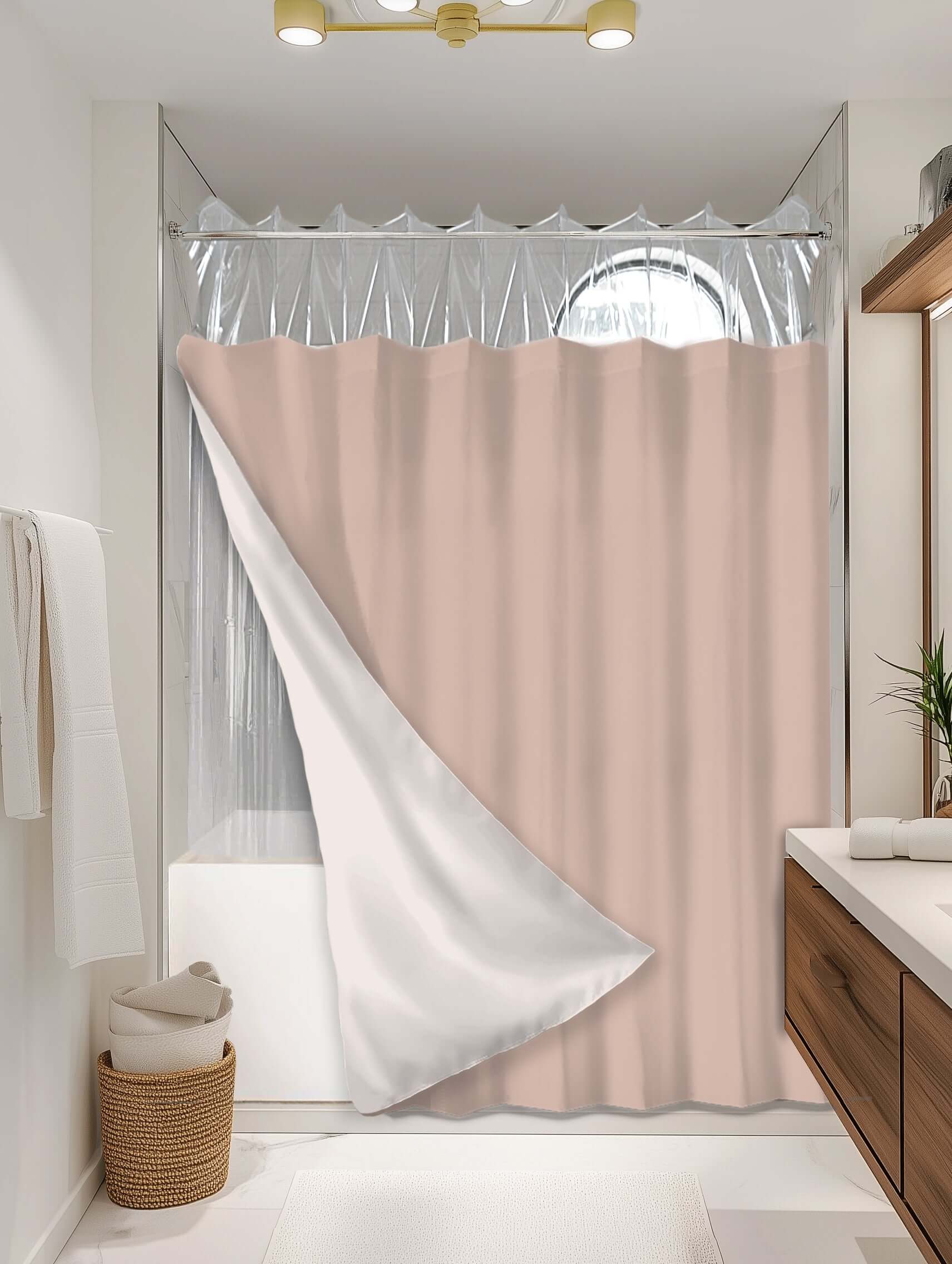 Solid Peach outer shower curtain, semi coverage, on EXPANDY® clear expander — Outer SPACE® Curtain