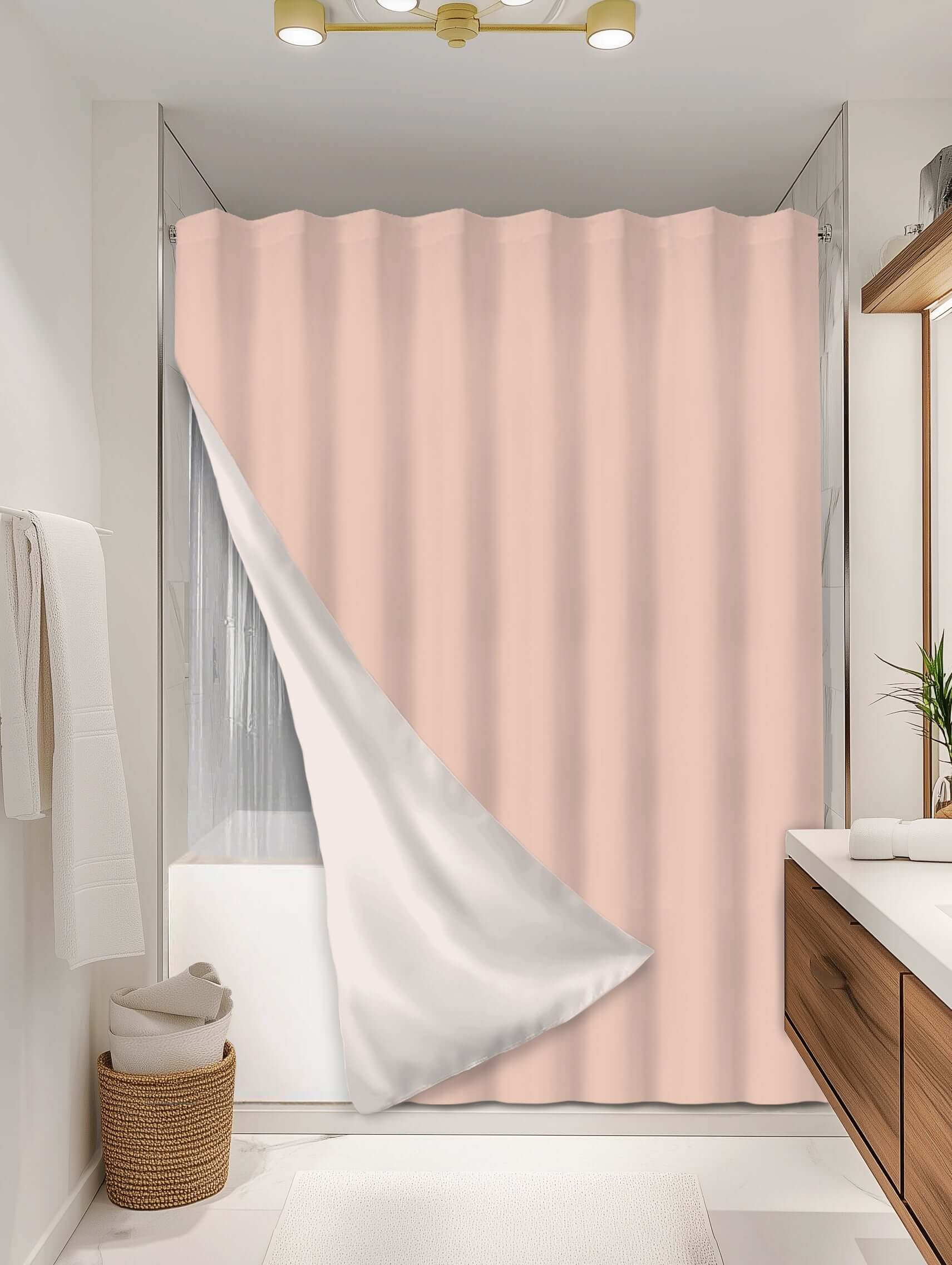 Solid Peach outer shower curtain, full coverage, on EXPANDY® clear expander — Outer SPACE® Curtain