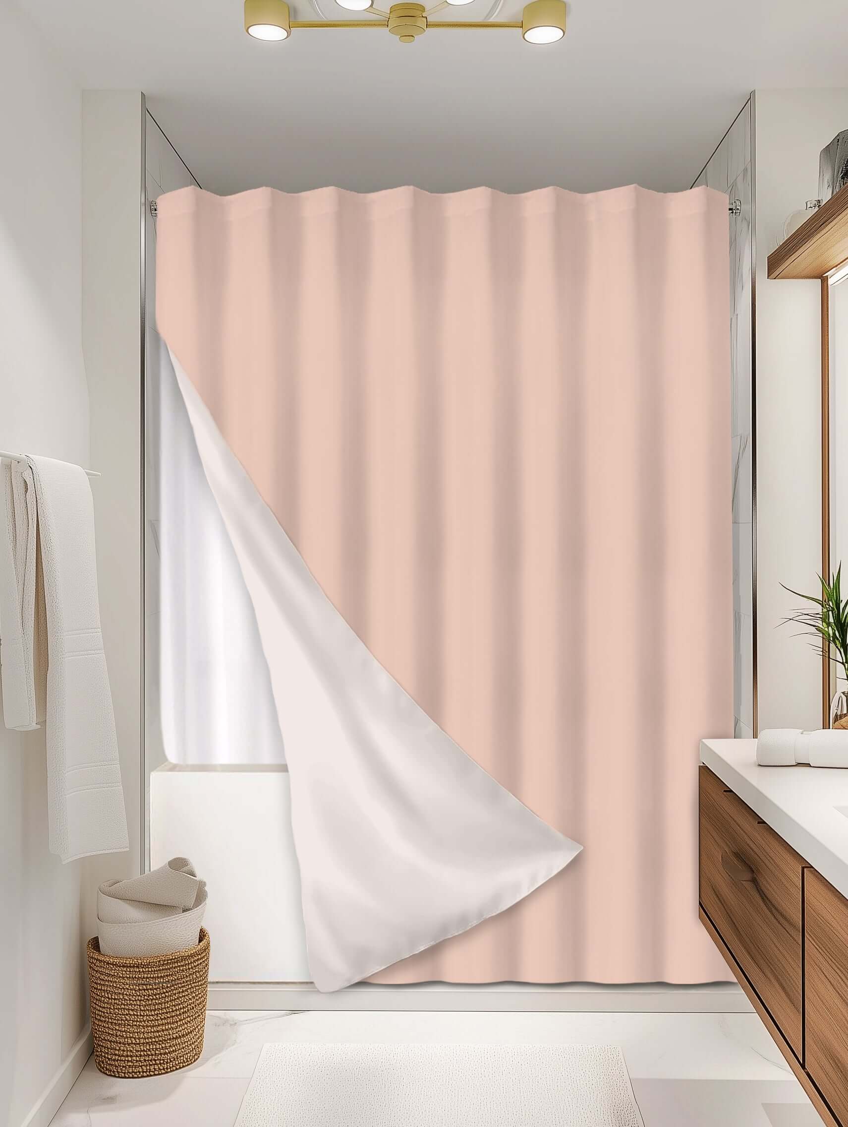 Solid Peach outer shower curtain, full coverage, on EXPANDY® white expander — Outer SPACE® Curtain