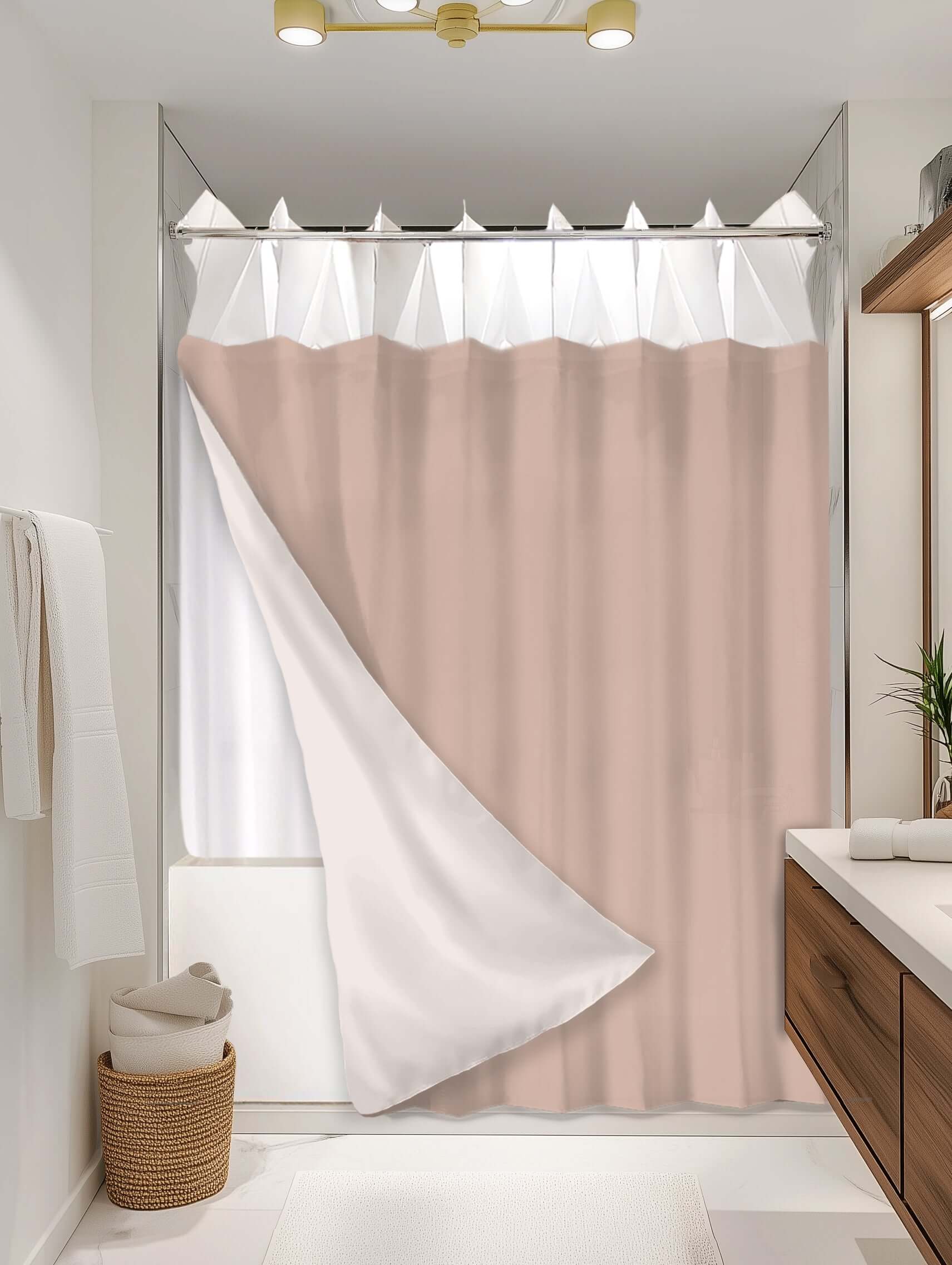 Solid Peach outer shower curtain, semi coverage, on EXPANDY® white expander — Outer SPACE® Curtain