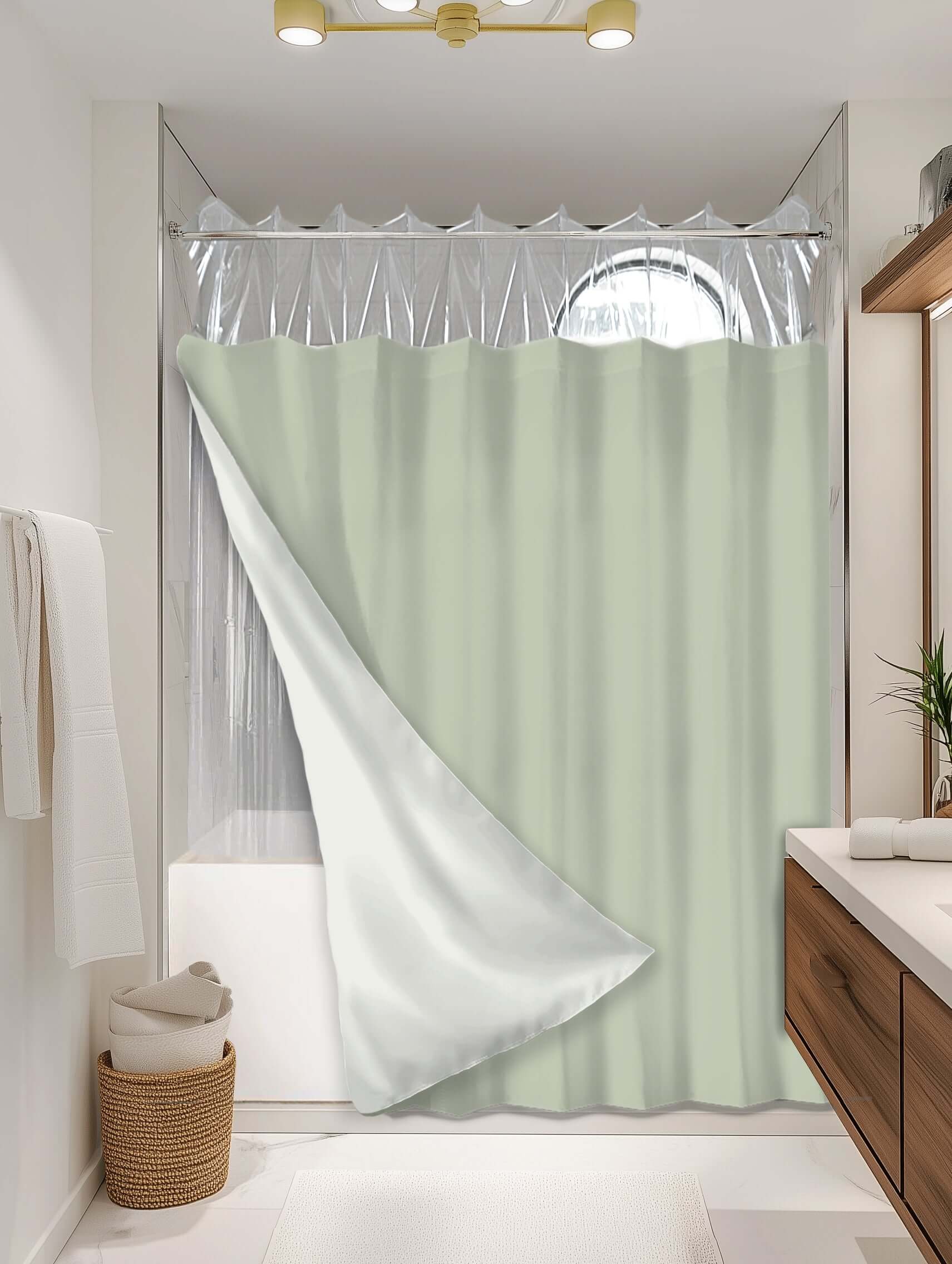 Solid Sage outer shower curtain, semi coverage, on EXPANDY® clear expander — Outer SPACE® Curtain