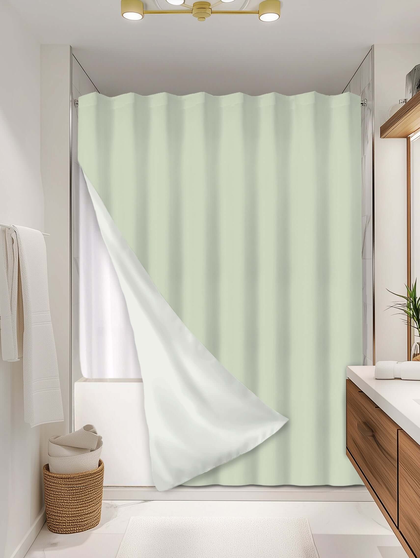 Solid Sage outer shower curtain, full coverage, on EXPANDY® white expander — Outer SPACE® Curtain