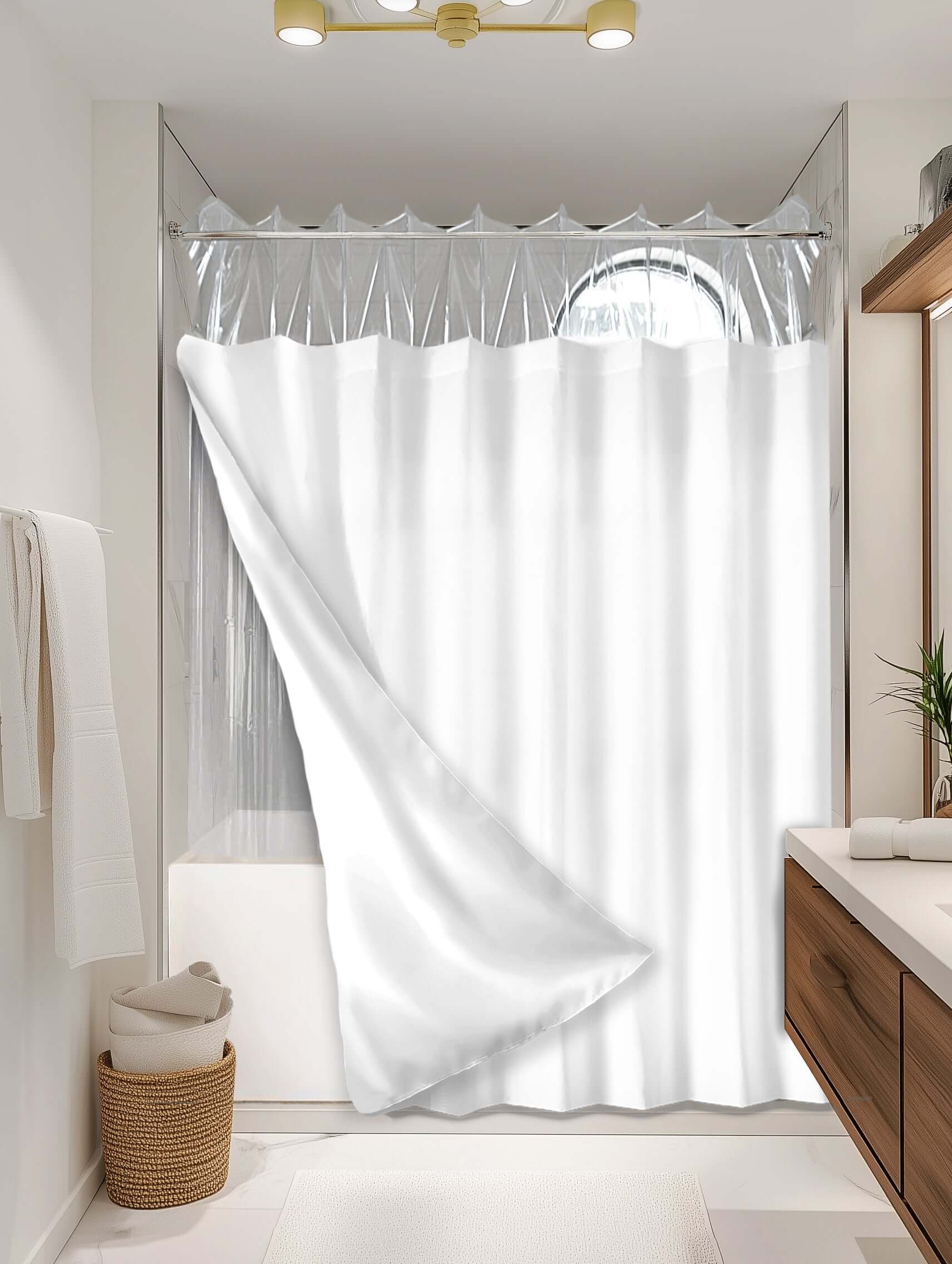 Solid White outer shower curtain, semi coverage, on EXPANDY® clear expander — Outer SPACE® Curtain