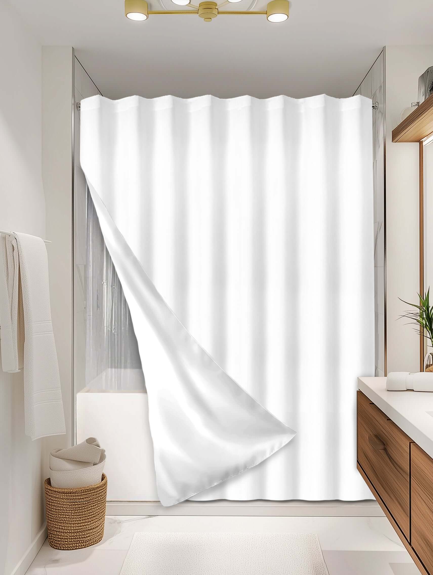 Solid White outer shower curtain, full coverage, on EXPANDY® clear expander — Outer SPACE® Curtain