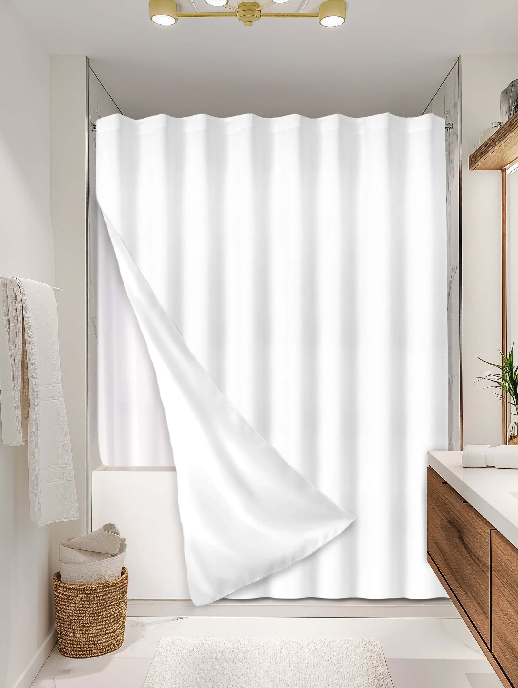 Solid White outer shower curtain, full coverage, on EXPANDY® white expander — Outer SPACE® Curtain