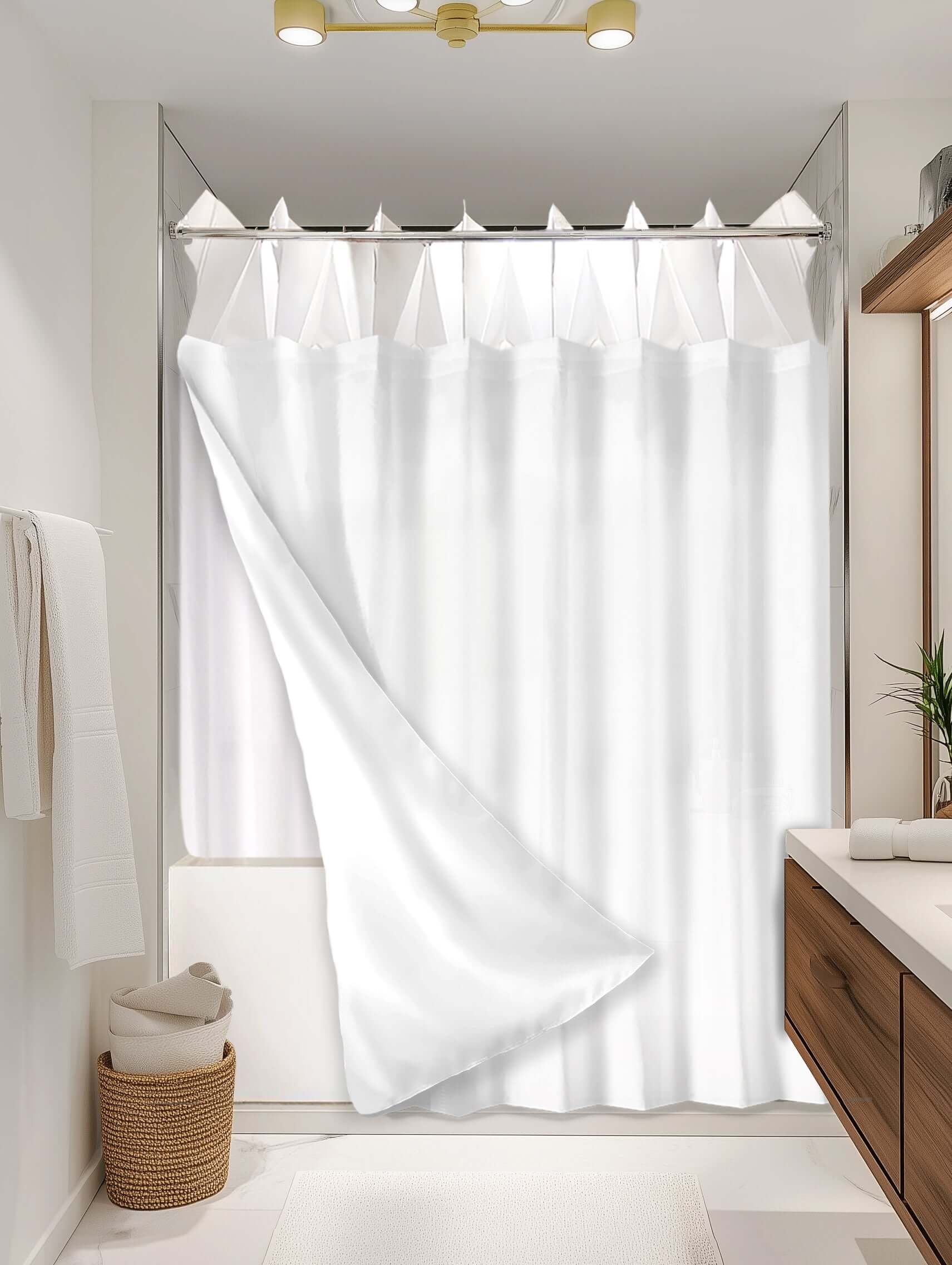 Solid White outer shower curtain, semi coverage, on EXPANDY® white expander — Outer SPACE® Curtain